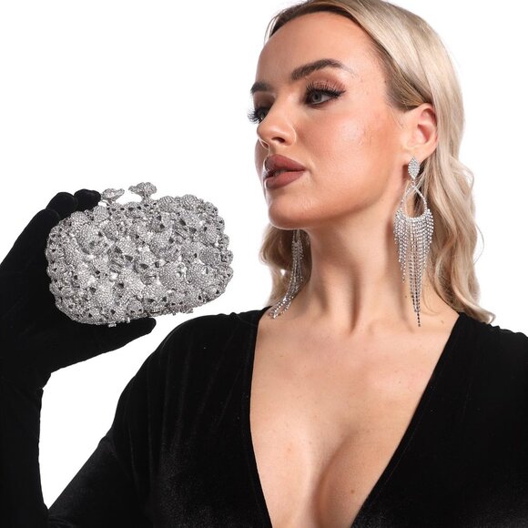 Women Sliver Boutique Skull Crystal Clutch Rhinestone Handbags Bag Mini - Picture 2 of 9
